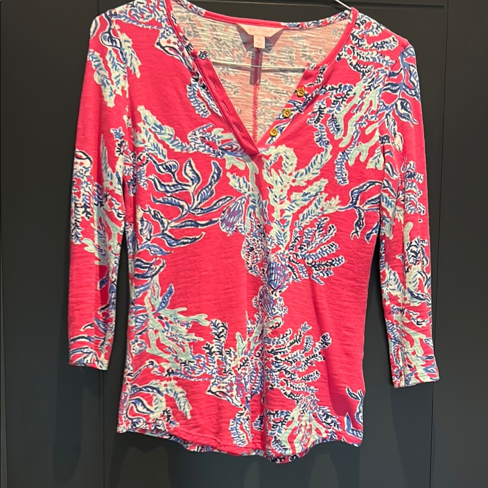 Lilly Pulitzer Orange Pink Fitted 3/4 Sleeve Blouse